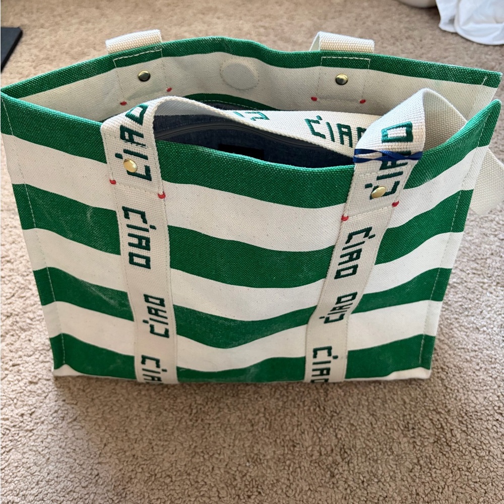 Ciao Green and White Striped Tote Bag